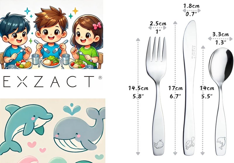 Exzact Children Flatware 6pcs, Stainless Steel Kids Silverware Toddler, Dishwasher Safe, BPA Free, 24M+, Engraved Ocean Creatures Dolphin, Turtle, Whale - Image 3
